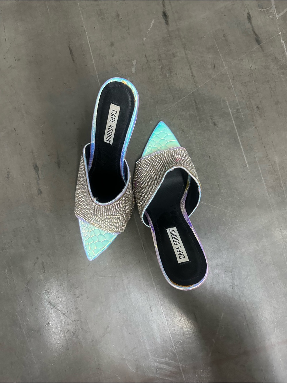 Cape Robbin Iridescent Teal Pointed Toe Slip-On Mule with Crystal Band